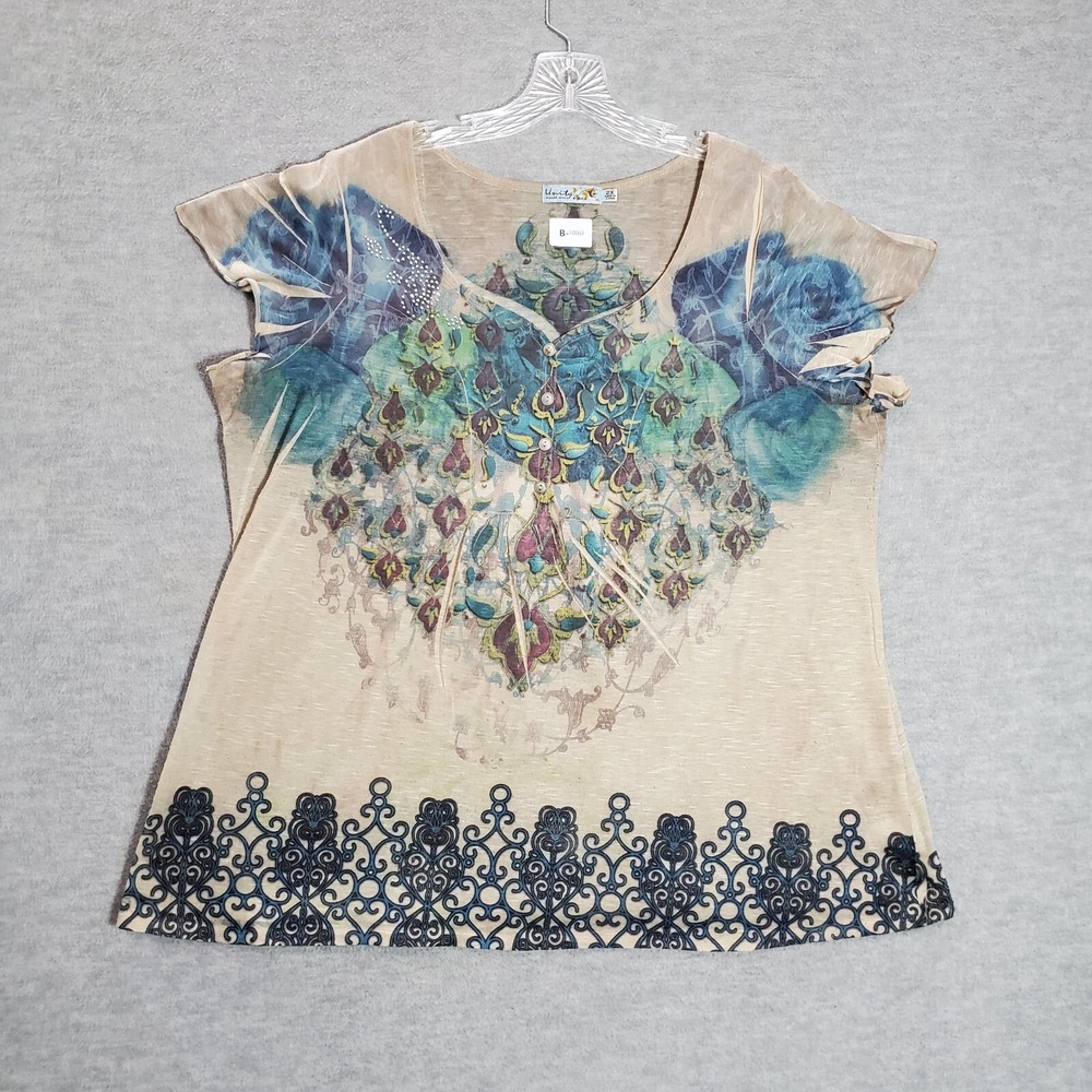 Unity World‎ Wear Women Top 2x Beige Shirt Rhinestones Cap Sleeve